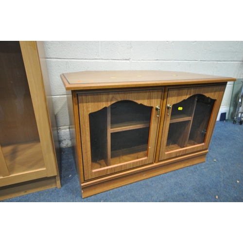 1221 - A MODERN BEECH FINISH TWO DOOR BOOKCASE, length 81cm x depth 39cm x height 190cm along with a pine e... 