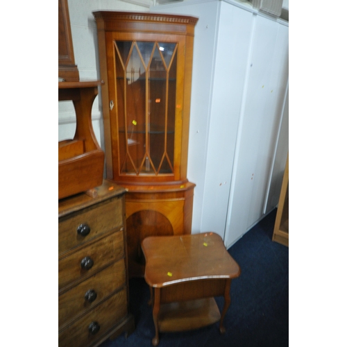 1223 - A SELECTION OF OCCASIONAL FURNITURE, to include a yew wood corner cupboard, two door cabinet, oval m... 