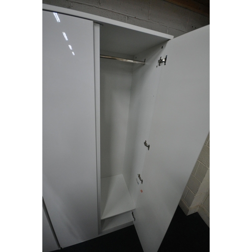 1229 - A PAIR OF GLOSSY WHITE DOUBLE DOOR WARDROBES, width 81cm x depth 55cm x height 190cm (condition repo... 