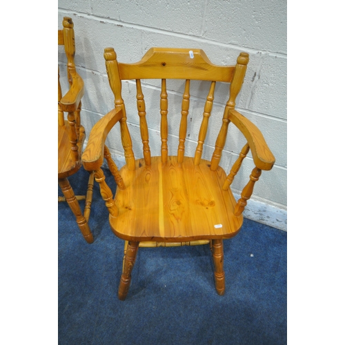 1235 - A PAIR OF PINE ARMCHAIRS, with spindle back and supports, turned legs and stretchers (condition repo... 