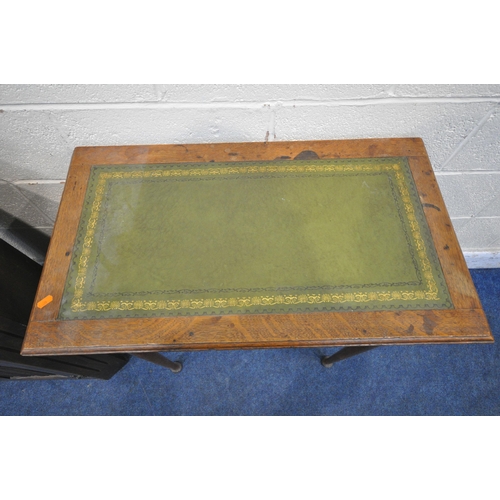 1248 - AN ARTS AND CRAFTS OAK SIDE TABLE, with a green leather inlay, above a single drawer, on cylindrical... 