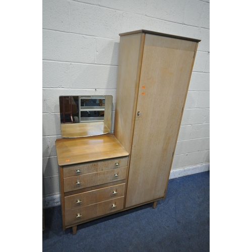 1255 - A LEBUS MID CENTURY TEAK GENTLEMAN'S WARDROBE, with a single door, single mirror, above four drawers... 