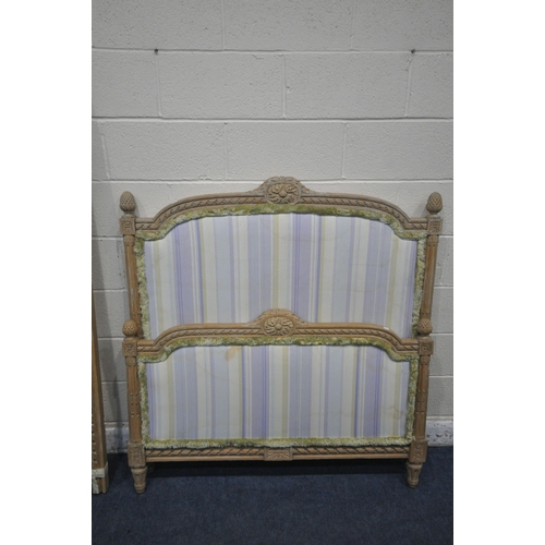 1256 - A FRENCH 4FT HEADBOARD, with later fabric head and footboard, and side rails (condition:-fabric with... 