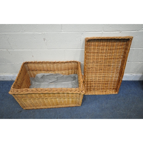 1266 - A LARGE WICKER BASKET, with a removable lid and twin handles, width 88cm x depth 54cm x height 51cm ... 