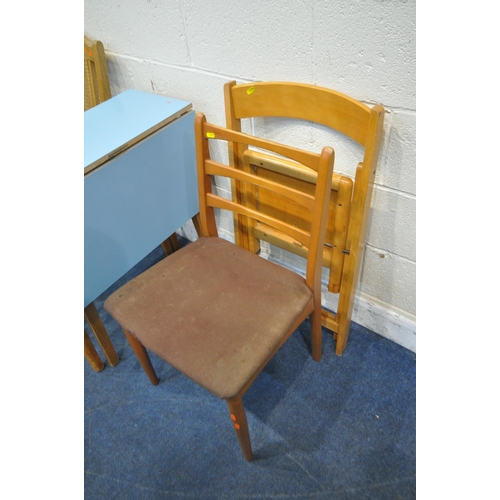 1278 - A 20TH CENTURY FORMICA TOP DROP LEAF TABLE, a pair of cane back chairs, a mid-century teak chair and... 