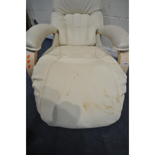 1279 - A HIMOLLA MOSEL ELECTRIC RECLINER ARMCHAIR, with cream leather upholstery, on a swivel base, width 7... 