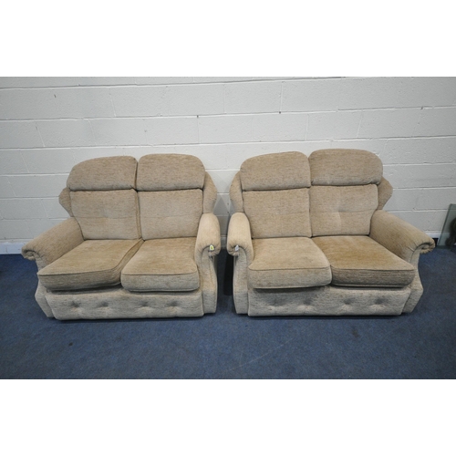 1283 - A PAIR OF G PLAN BROWN UPHOLSTERED TWO SEATER SOFAS, length 134cm x depth 97cm x height 100cm (condi... 