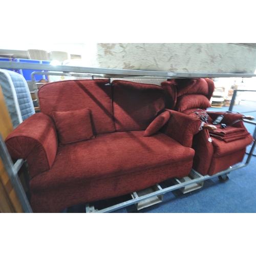 1285 - A HSL RED UPHOLSTERED DROP END TWO SEATER SOFA, along with a HSL electric rise and recline armchair ... 