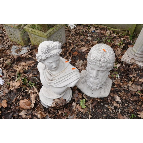 1012 - TWO MODERN COMPOSITE GARDEN BUSTS depicting Roman and Greek figures 52cm and 42cm high respectively