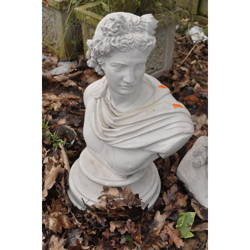 1012 - TWO MODERN COMPOSITE GARDEN BUSTS depicting Roman and Greek figures 52cm and 42cm high respectively