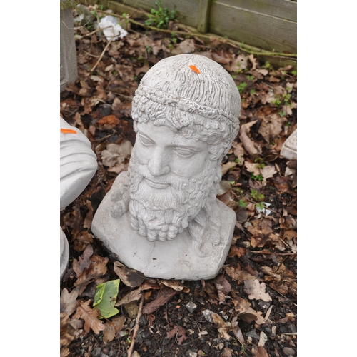 1012 - TWO MODERN COMPOSITE GARDEN BUSTS depicting Roman and Greek figures 52cm and 42cm high respectively