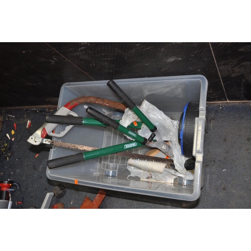 1054 - TWO TOOLBOXES AND A TRAY CONTAINING TOOLS including a Stanley No748a shoulder brace, various hand br... 