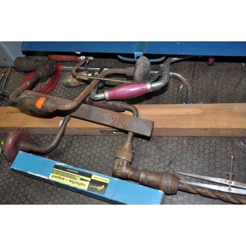 1054 - TWO TOOLBOXES AND A TRAY CONTAINING TOOLS including a Stanley No748a shoulder brace, various hand br... 