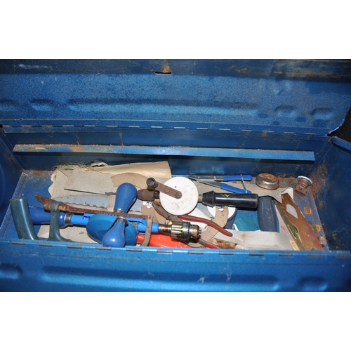 1054 - TWO TOOLBOXES AND A TRAY CONTAINING TOOLS including a Stanley No748a shoulder brace, various hand br... 