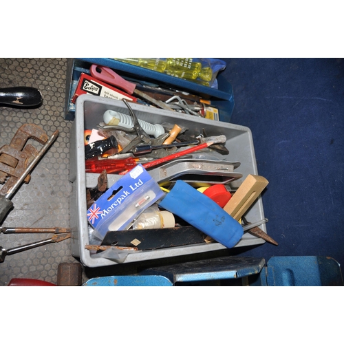 1054 - TWO TOOLBOXES AND A TRAY CONTAINING TOOLS including a Stanley No748a shoulder brace, various hand br... 