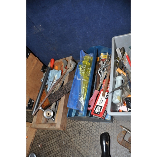 1054 - TWO TOOLBOXES AND A TRAY CONTAINING TOOLS including a Stanley No748a shoulder brace, various hand br... 