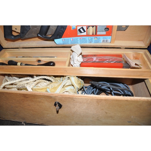 1054 - TWO TOOLBOXES AND A TRAY CONTAINING TOOLS including a Stanley No748a shoulder brace, various hand br... 