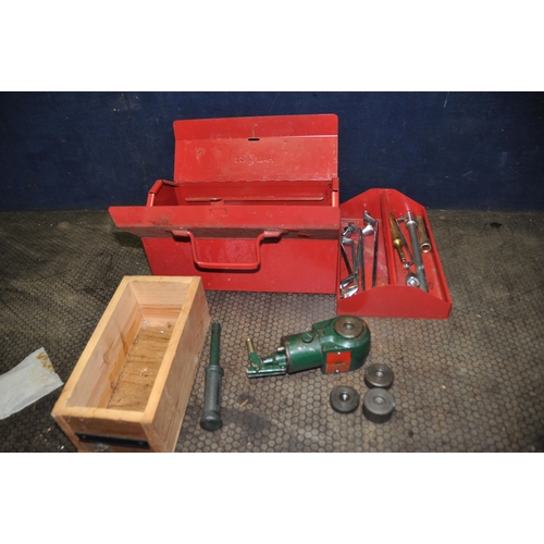 1055 - A HALFORDS TOOLBOX CONTAINING A JACK AND SPANNERS by Felco, King Dick, Bedford, Britool, Elora etc