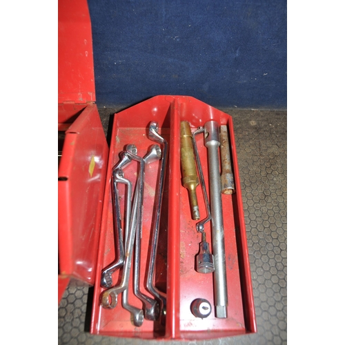 1055 - A HALFORDS TOOLBOX CONTAINING A JACK AND SPANNERS by Felco, King Dick, Bedford, Britool, Elora etc