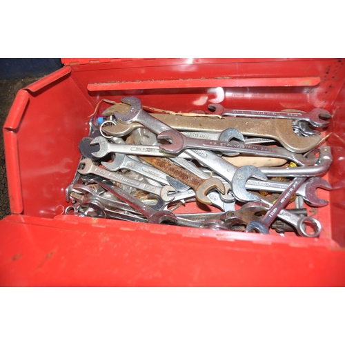 1055 - A HALFORDS TOOLBOX CONTAINING A JACK AND SPANNERS by Felco, King Dick, Bedford, Britool, Elora etc