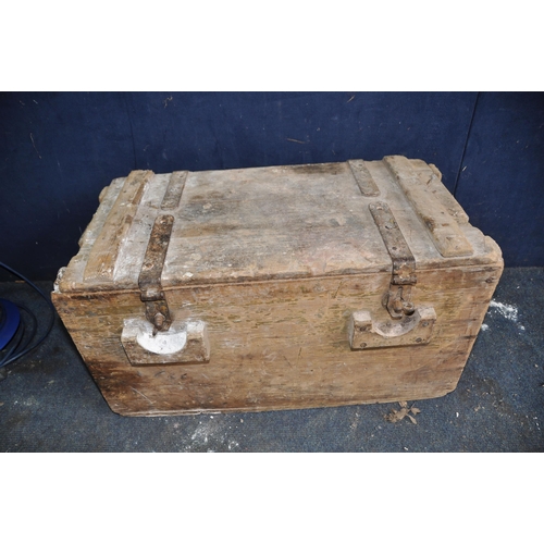 1061 - A VINTAGE WOODEN TOOL CHEST with iron banding and hinges width 67cm depth 36cm height 36cm