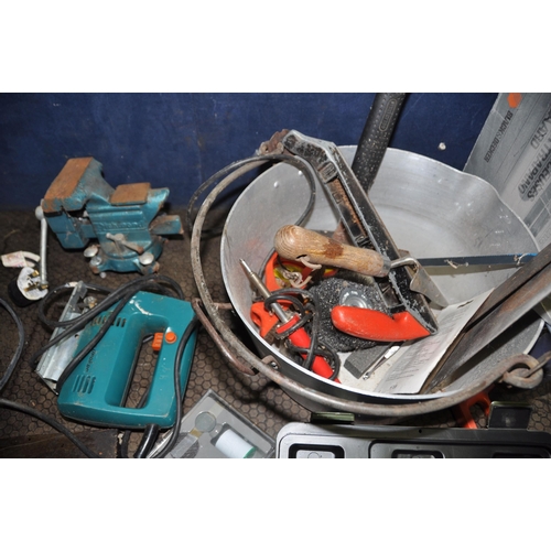 1080 - AN ALUMINIUM JAM PAN AND A BAG CONTAINING TOOLS including a Proxxon rotary tool, a Black and Decker ... 