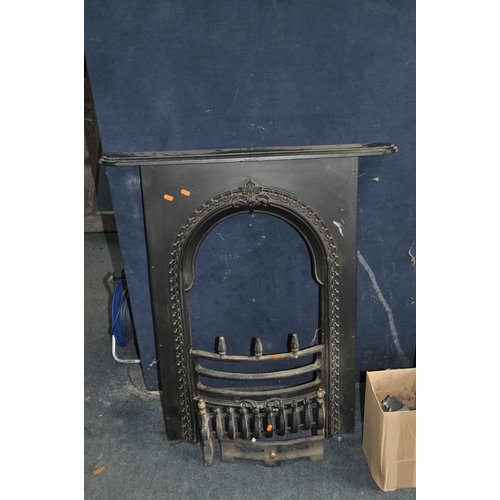 1083 - TWO CAST IRON FIRE INSERTS one with gas fire fittings in Art Nouveau style with a box of 'coals' wid... 