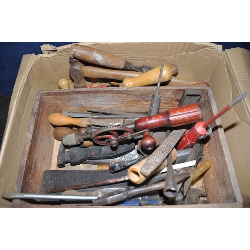 1093 - A BASKET AND THREE BOXES CONTAINING TOOLS including a Stanley No110 block plane, a Record No 051 spo... 