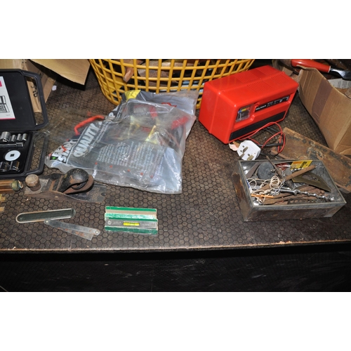 1093 - A BASKET AND THREE BOXES CONTAINING TOOLS including a Stanley No110 block plane, a Record No 051 spo... 