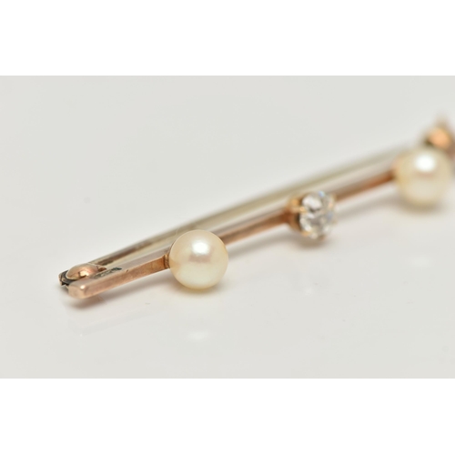 13 - A YELLOW METAL DIAMOND AND CULTURED PEARL BAR BROOCH, a principally set old cut diamond, approximate... 