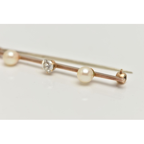 13 - A YELLOW METAL DIAMOND AND CULTURED PEARL BAR BROOCH, a principally set old cut diamond, approximate... 