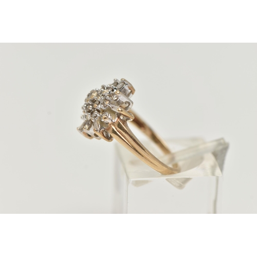 14 - A 9CT GOLD DIAMOND CLUSTER RING, nineteen round brilliant cut diamonds and six baguette cut diamonds... 