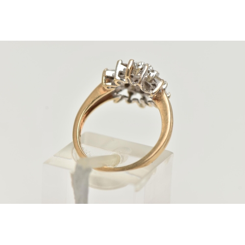 14 - A 9CT GOLD DIAMOND CLUSTER RING, nineteen round brilliant cut diamonds and six baguette cut diamonds... 