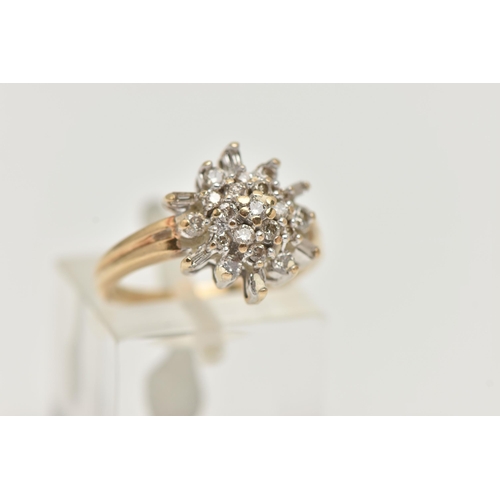 14 - A 9CT GOLD DIAMOND CLUSTER RING, nineteen round brilliant cut diamonds and six baguette cut diamonds... 