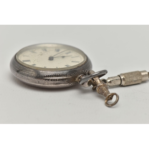 17 - A LATE VICTORIAN SILVER OPEN FACE POCKET WATCH, key wound movement, white dial, unsigned, Roman nume... 