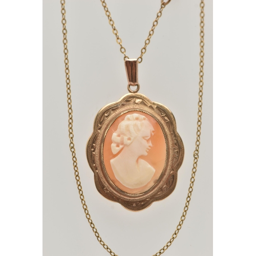 2 - A 9CT GOLD CAMEO PENDANT NECKLACE, oval carved shell cameo, depicting a lady in profile, milgrain co... 