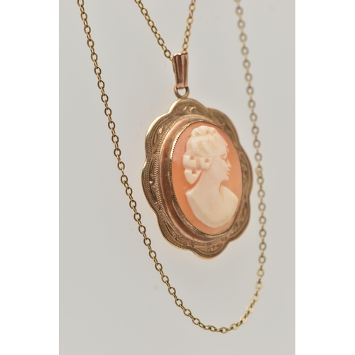 2 - A 9CT GOLD CAMEO PENDANT NECKLACE, oval carved shell cameo, depicting a lady in profile, milgrain co... 