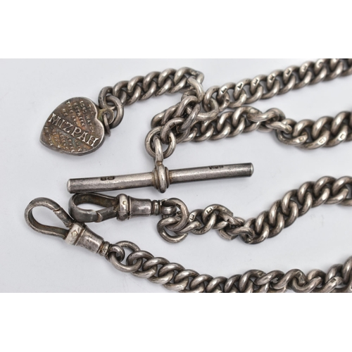 29 - A SILVER ALBERT CHAIN, a graduated silver curb link chain fitted with two lobster clasps and a T-bar... 