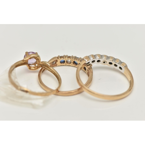 3 - THREE 9CT GOLD GEM SET RINGS, the first a sapphire and diamond half eternity ring, set with four dee... 