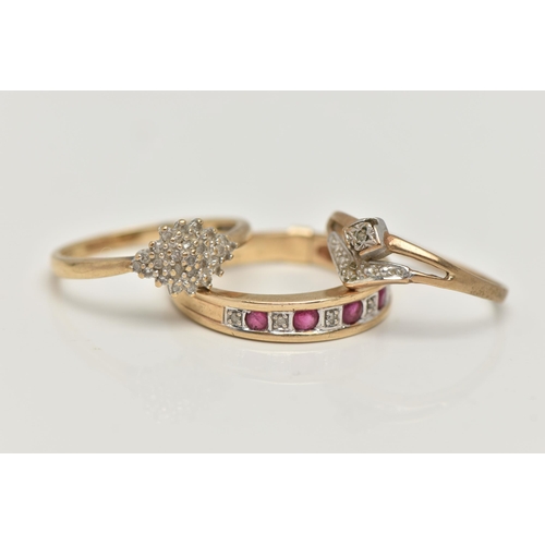 36 - THREE 9CT GOLD RINGS, the first a ruby and small single cut diamond half eternity ring, hallmarked 9... 