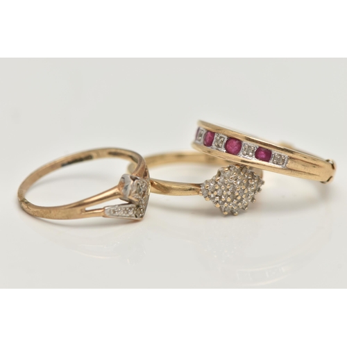 36 - THREE 9CT GOLD RINGS, the first a ruby and small single cut diamond half eternity ring, hallmarked 9... 