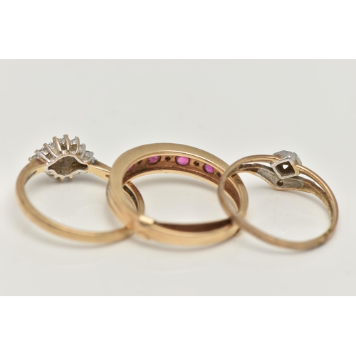 36 - THREE 9CT GOLD RINGS, the first a ruby and small single cut diamond half eternity ring, hallmarked 9... 