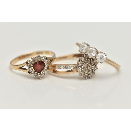 37 - THREE 9CT GOLD RINGS, the first a circular diamond cluster ring, with open work single cut diamond s... 