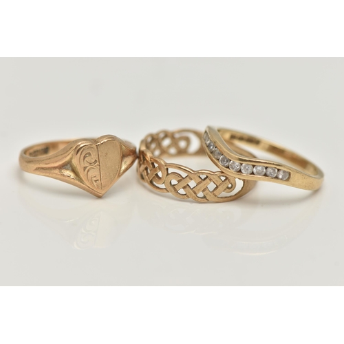 38 - THREE 9CT GOLD RINGS, the first a heart shape signet ring, hallmarked 9ct Birmingham, ring size J 1/... 