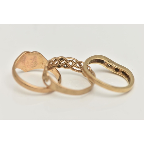 38 - THREE 9CT GOLD RINGS, the first a heart shape signet ring, hallmarked 9ct Birmingham, ring size J 1/... 