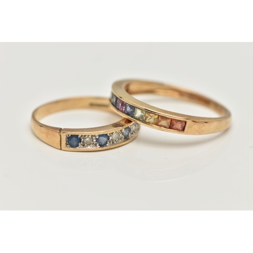 4 - TWO 9CT GOLD GEM SET RINGS, the first designed as a row of channel set, colourful square cut sapphir... 