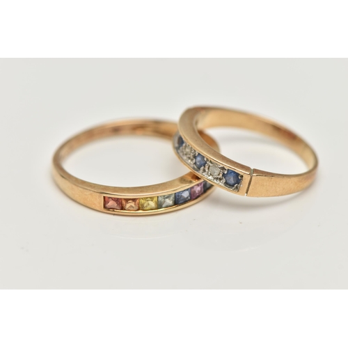 4 - TWO 9CT GOLD GEM SET RINGS, the first designed as a row of channel set, colourful square cut sapphir... 