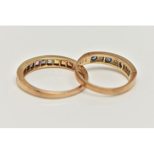 4 - TWO 9CT GOLD GEM SET RINGS, the first designed as a row of channel set, colourful square cut sapphir... 