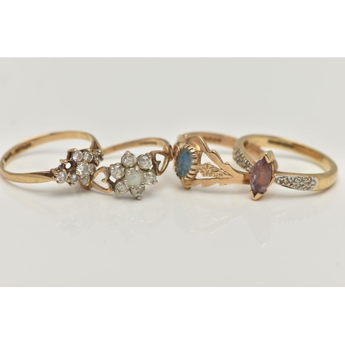 40 - FOUR 9CT GOLD RINGS, to include a marquise cut amethyst and diamond ring, polished band, hallmarked ... 