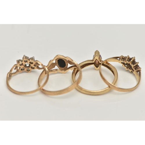 40 - FOUR 9CT GOLD RINGS, to include a marquise cut amethyst and diamond ring, polished band, hallmarked ... 